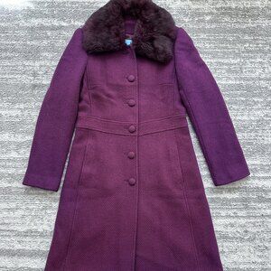 Marciano Wine Pea Coat with Rabbit Fur Collar